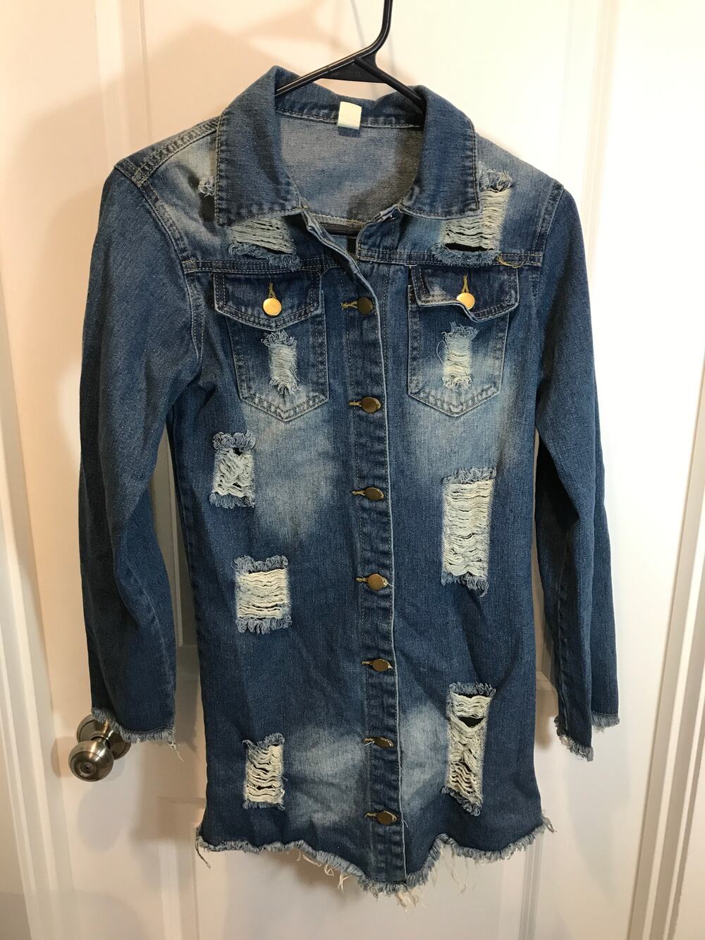 Distressed Long Denim Ripped Jacket Medium